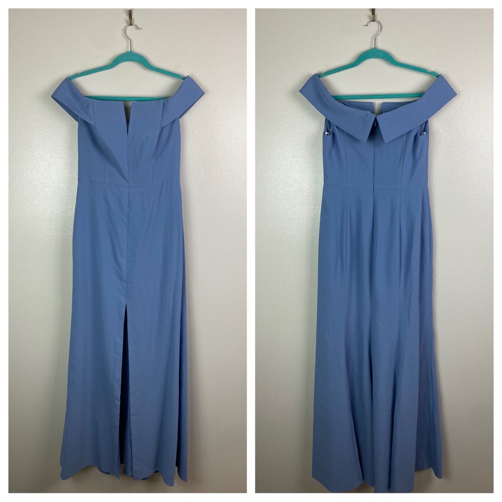 NWT Dessy Collection | Off Shoulder Notch Trumpet Gown w/ Slit Larkspar 8